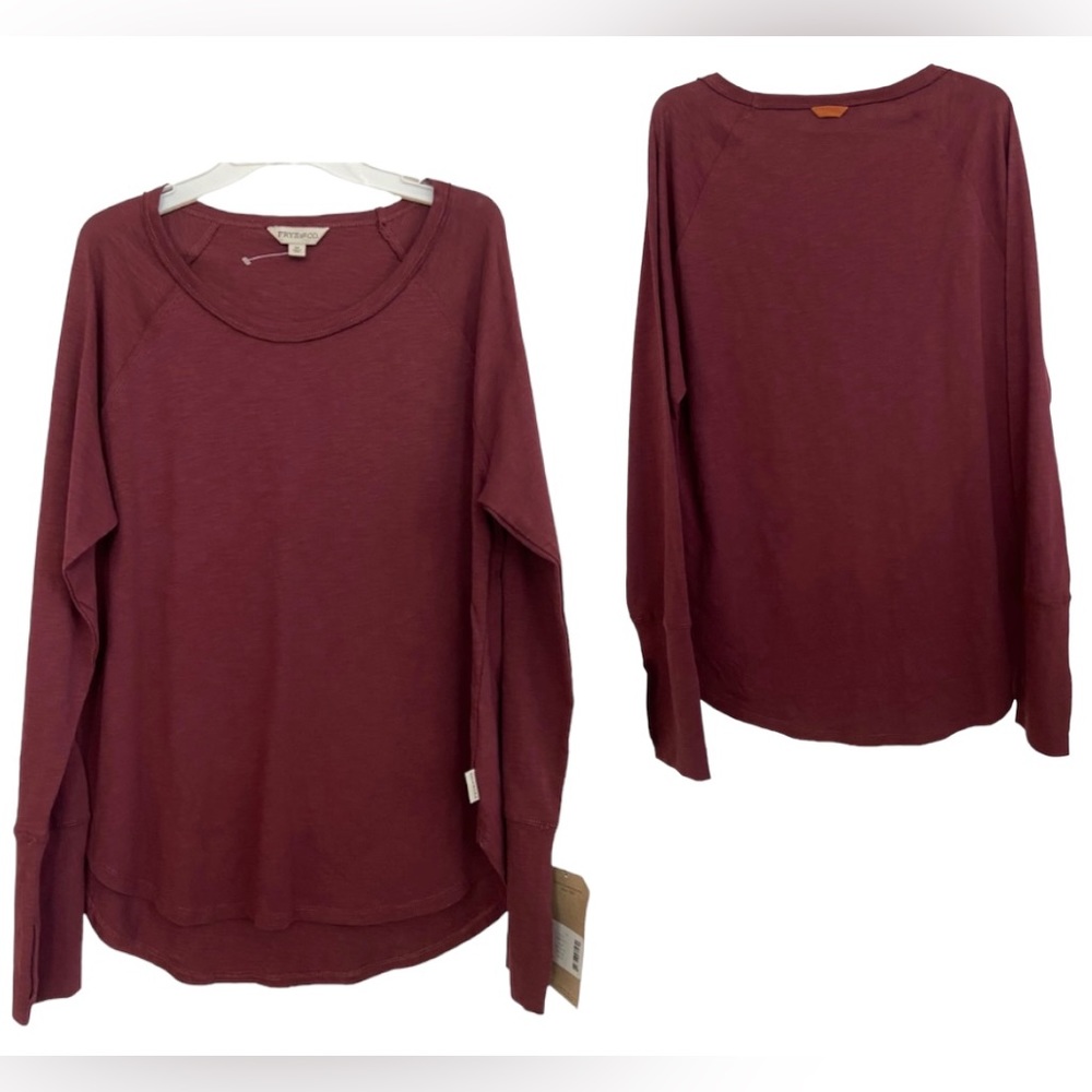 Frye and Co long sleeve burgundy t-shirt has thumb holes in the sleeves.
